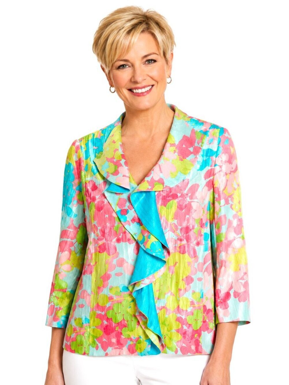 Ruby Rd. Pastel Floral Ruffled Shimmer Jacket